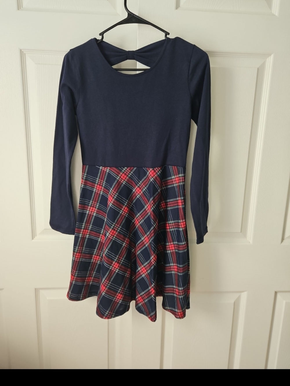 Place Navy Long-Sleeve Dress with Red Plaid Skirt